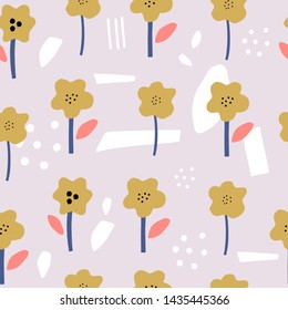 Seamless floral creative pattern with decorative flowers in scandi style. Good for fabric, textile, wall art, wallpaper, packaging paper design. Scandinavian colors palette, vector EPS illustration.