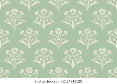Seamless floral damask pattern in light cream color on a light green background. Ideal for use as wallpaper, home decor, fabric and crafts. Classic, elegant and vintage decorative design.