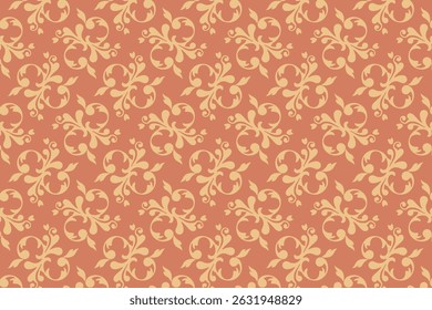 Seamless floral damask pattern in warm tones with one blue ornament variation. Elegant decorative background for vintage or classic design themes.
