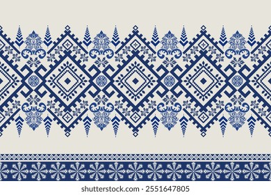 Seamless floral damask shape with blue geometric ethnic tradition pattern texture on white background. Silk and fabric pattern decoration for carpet. Thai clothing wrapping and wallpaper