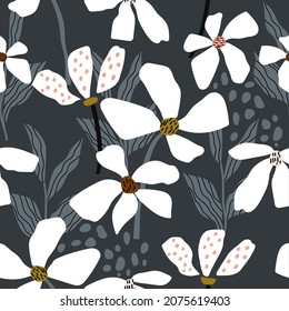 Seamless floral dark blue pattern with leaves and exotic flowers. Jungle summer background. Perfect for fabric design, wallpaper, apparel. Vector illustration