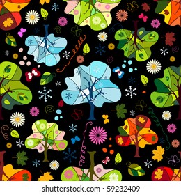 Seamless floral dark pattern with trees, flowers and butterflies (vector)