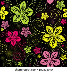 Seamless floral dark pattern with vivid colorful vintage flowers curls (vector)