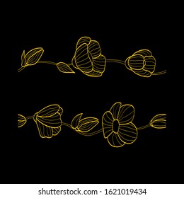 seamless floral decoration elements. golden linear flowers and buds on a black background. suitable for pattern, textile, postcards