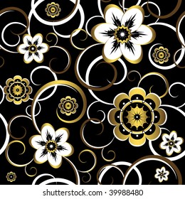 Seamless floral decorative black pattern (vector)