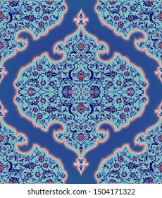 Seamless floral decorative pattern in Arabian style. Lapis, dark blue and red colors arabesque ornament. Textile, background, wallpaper for custom design or print. Vector stock illustration.