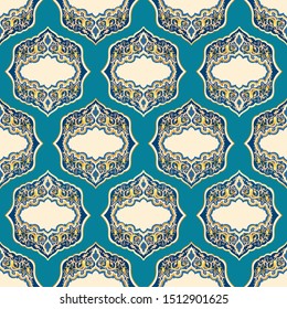 Seamless floral decorative pattern in Arabian style. Lapis, blue and gold colors arabesque ornament on blue background. Textile, wallpaper for custom design or print. Vector stock illustration.