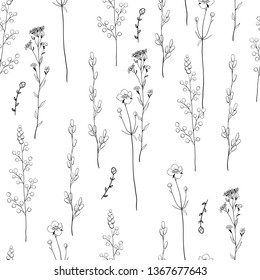 Decoración floral impecable con hierbas negras y blancas. Textura sin fin para tu diseño. Fondo blanco.