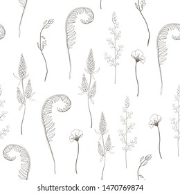Seamless floral decorative pattern with gray brown herbs. Endless texture for your design.White background.