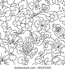 Seamless floral decorative pattern. Primitive outline flowers and leaves in a folk style. Vector black and white illustration.
