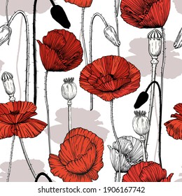 Seamless floral decorative pattern with red flowers and buds. Hand-drawn poppies. Endless texture for your design, decor, fabric. Graphic illustration with ink on the paper.