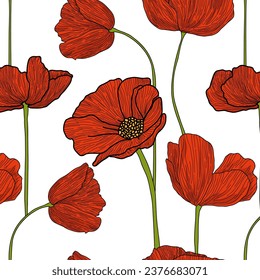 Decoración floral sin foco, con flores y capullos rojos. Camionetas, camisas, rosa canker, Papaver. Textura de primavera sin fin para tu diseño, telas, decoración. Ilustración gráfica	