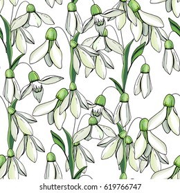 Seamless floral decorative pattern with snowdrops. Endless texture for your design, fabrics, decor.