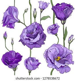 Seamless floral decorative pattern with violet flowers and buds. Eustoma, Lisiantus, Texas bluebell, Prairie tulip gentian. Endless spring texture for your design, fabrics, decor.