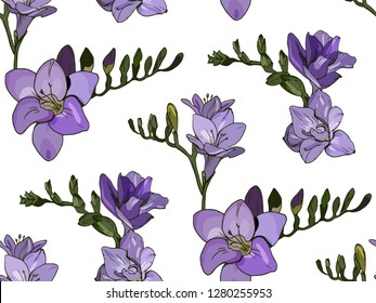 Seamless floral decorative pattern with violet purple Freesia flowers on white background. Endless spring texture for your design, fabrics, decor, print.