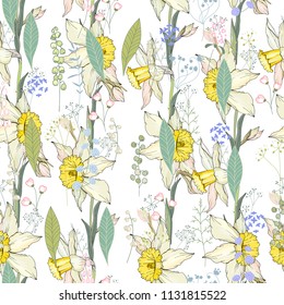 Decoración floral sin foco con daffodils amarillos. Textura sin fin para tu diseño, telas, decoración.
