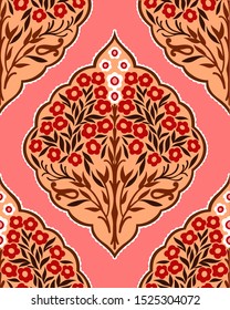 Seamless floral decorative textile pattern in Arabian Islamic style. Tree with red flowers. Brown, red, coral pink and white arabesque ornament. Vector stock illustration for backdrop or custom design