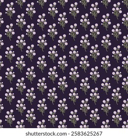 Seamless floral design with delicate purple daisy flowers and green stems on a deep midnight canvas. Perfect for textile design, wallpaper, digital prints, and stationery.
