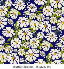 Seamless floral design with elegant white flowers on a deep navy blue background. Perfect for textiles, wallpapers, stationery, and fashion applications.