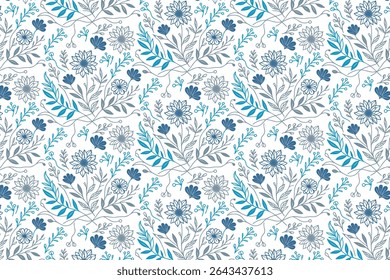 seamless floral design featuring cotton flowers and abstract leaves drawn in single line for kitchen wear decor and wrapping paper

