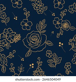Seamless floral design featuring golden rose and flowers on navy blue background. ideal for branding, wrapping paper, and luxury stationery prints.