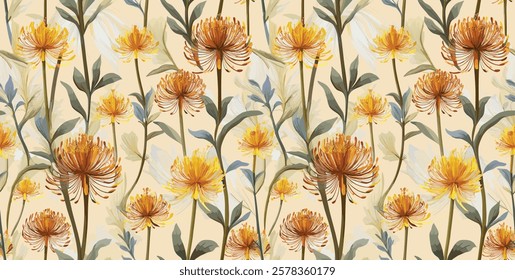  A seamless floral design featuring golden-hued flowers and delicate green leaves on a soft, neutral background, perfect for various decorative and artistic applications.