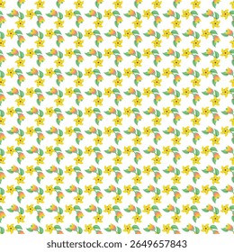 Diseño floral sin fisuras con flores amarillas vibrantes y hojas verdes dispuestas sobre un fondo blanco, creando una estética elegante y decorativa.