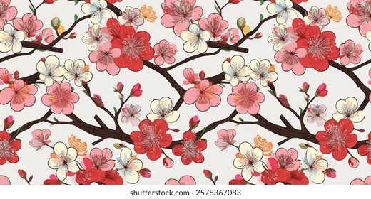 A seamless floral design featuring vivid red, yellow, and white blossoms with intricate branches on a soft, neutral background, perfect for decorative and artistic applications.