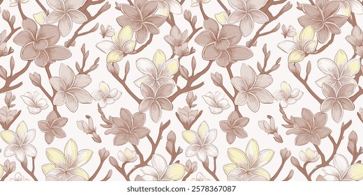 A seamless floral design featuring vivid red, yellow, and white blossoms with intricate branches on a soft, neutral background, perfect for decorative and artistic applications.