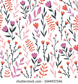 Seamless floral design with hand-drawn wild flowers. Repeated pattern can be used for web page background, surface textures and fabrics. Vector illustration.