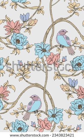 seamless floral design pattern with birds textile print