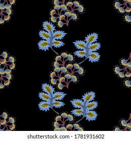 Seamless floral design pattern. Blue flowers on black background. Vector illustration pattern for fabric, textile, gift wrapping, background, wallpaper, bullet journal, scrapbooking 