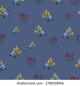 Seamless floral design pattern. Cute flowers on blue background. Vector illustration pattern for fabric, textile, gift wrapping, background, wallpaper, bullet journal, scrapbooking 