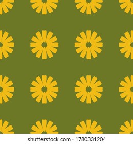 Seamless floral design pattern. Yellow Flowers on Green background. Vector illustration pattern for fabric, textile, gift wrapping, background, wallpaper, bullet journal, scrapbooking 