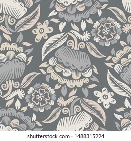Seamless floral design stylized hand print printed pattern. The design is suitable for clothes design, wallpaper, background, stationary supplies, etc.