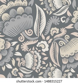 Seamless floral design stylized hand print printed pattern. The design is suitable for clothes design, wallpaper, background, stationary supplies, etc.