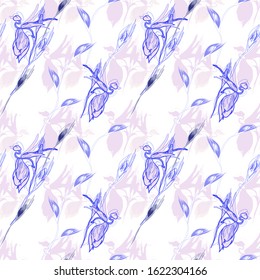 
Seamless floral diagonal pattern on a white background. The stroke of flowers and leaves dark blue imitates ink.