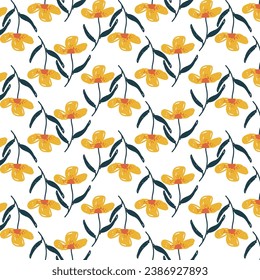 Nahtlose, florale digitale Muster auf weißem Hintergrund. Nahtloses Muster mit süßen botanischen Elementen.Gelbe und grüne Vektorgrafik für Mode, Gewebe, Textilien, Dekoration, Tapeten, Hintergrunddesign.