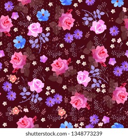 Seamless floral ditsy pattern with roses, bell, cosmos and umbrella flowers, daisy, leaves and polka dots on purple background. Print for fabric.