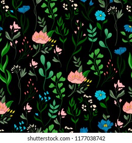 Seamless floral ditsy pattern with wild flowers.