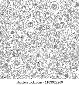 Seamless floral doodle background pattern in vector. Black and white background. Coloring book.  
