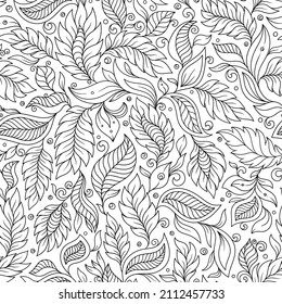 Seamless floral doodle background pattern in vector. Design asian, ethnic, tribal pattern. Black and white background. Coloring book.