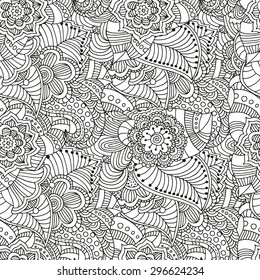 Seamless  floral doodle background pattern in vector.  Design asian, ethnic, tribal pattern. Black and white background. Coloring book.