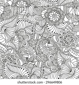 Seamless  floral doodle background pattern in vector.  Design asian, ethnic, tribal pattern. Black and white background. Coloring book.