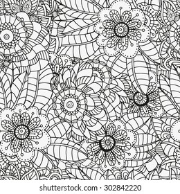 Seamless  floral doodle background pattern in vector.  Design Asian, ethnic, tribal pattern. Black and white background. Coloring book. Monochrome.
