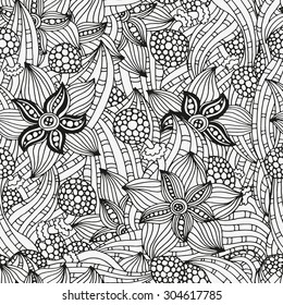 Seamless  floral doodle background pattern in vector.  Design Asian, ethnic, tribal pattern. Black and white background. Coloring book. Monochrome.