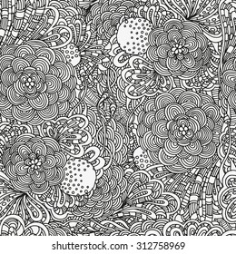 Seamless  floral doodle background pattern in vector.  Design asian, ethnic, tribal pattern. Black and white background. Coloring book. zentangle