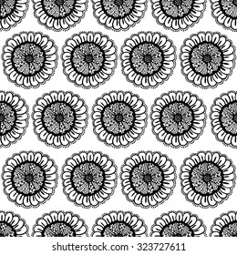 Seamless floral doodle background pattern in vector.  Design asian, ethnic, tribal pattern. Black and white background. Coloring book. Sunflower zentangle