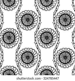 Seamless floral doodle background pattern in vector.  Design asian, ethnic, tribal pattern. Black and white background. Coloring book. Sunflower zentangle