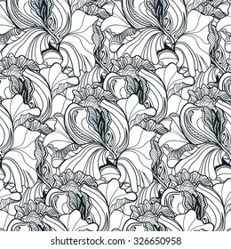 Seamless floral doodle background pattern in vector with fancy flowers. Black and white background. Coloring book. Monochrome.